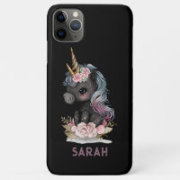 Unicorne noire mignonne avec Fleurs Aquarelle Unic