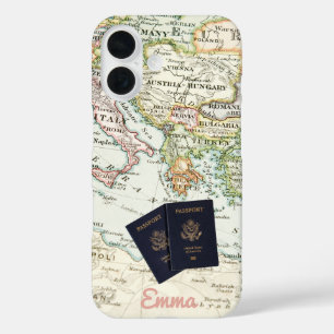 Coque Pour iPhone 16 Vacances avec carte ancienne vintage et passeport