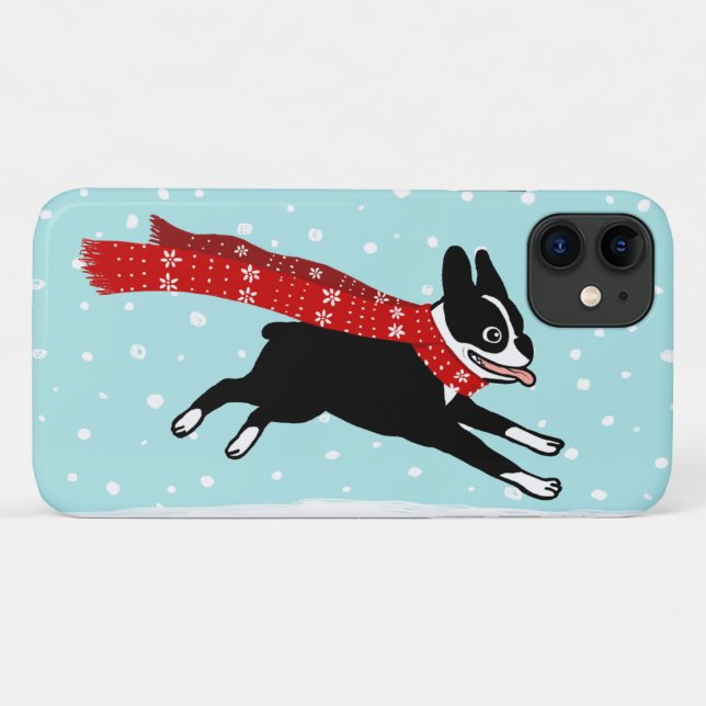Coques Case-Mate iPhone Vacances d'hiver Boston Terrier portant un écharpe (Dos (Horizontal))