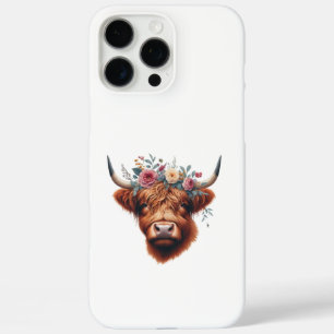 Coque iPhone 16 Pro Max Vache des hautes terres mignonne, florale/printani