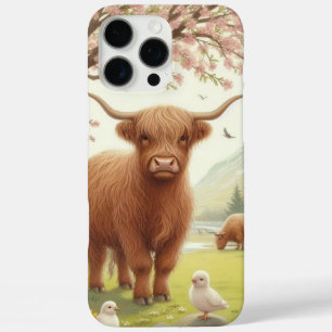 Coque iPhone 16 Pro Max Vache des hautes terres mignonne, florale/printani