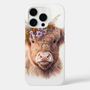 Coque iPhone 16 Pro Vache des Highlands avec Couronne Florale Illustra