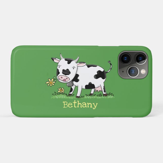 Coques Case-Mate iPhone Vache mignonne en vert dessin animé sur le terrain (Dos (Horizontal))