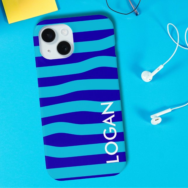 Coques Case-Mate iPhone Vague bleu moderne avec nom personnalisé (Créateur téléchargé)