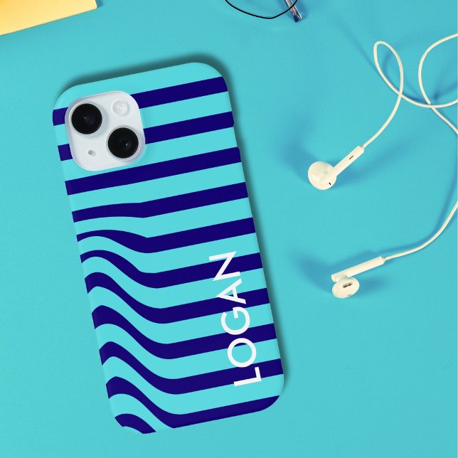 Coques Case-Mate iPhone Vague bleu moderne avec nom personnalisé (Créateur téléchargé)