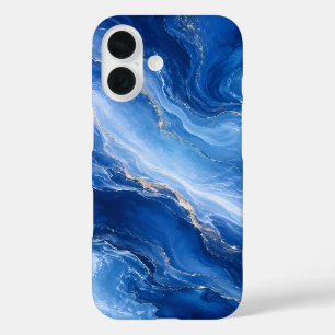 Coque Pour iPhone 16 Vagues de marbre bleu Luxe Abstrait