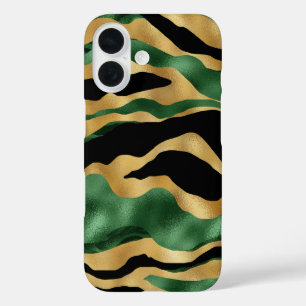 Coque Pour iPhone 16 Vagues de Parties scintillant noire en or vert