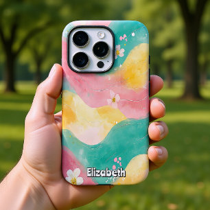 Coque iPhone 16 Pro Vagues et fleurs d'aquarelle Pastel
