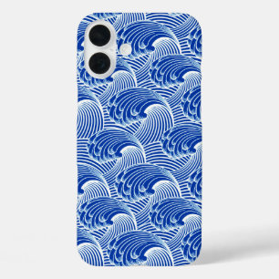 Coque Pour iPhone 16 Plus Vagues japonaises vintages, Bleu de Cobalt et Blan