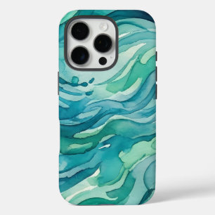 Coque iPhone 16 Pro Vagues océaniques à l'aquarelle sarcelle