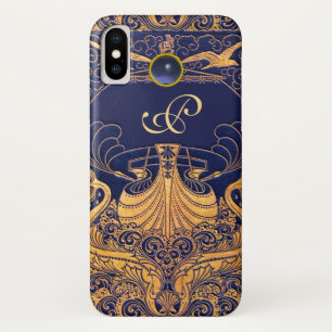 Coque iPhone X Vaisseau antique, Dauphins, Or, Monogramme bleu ma