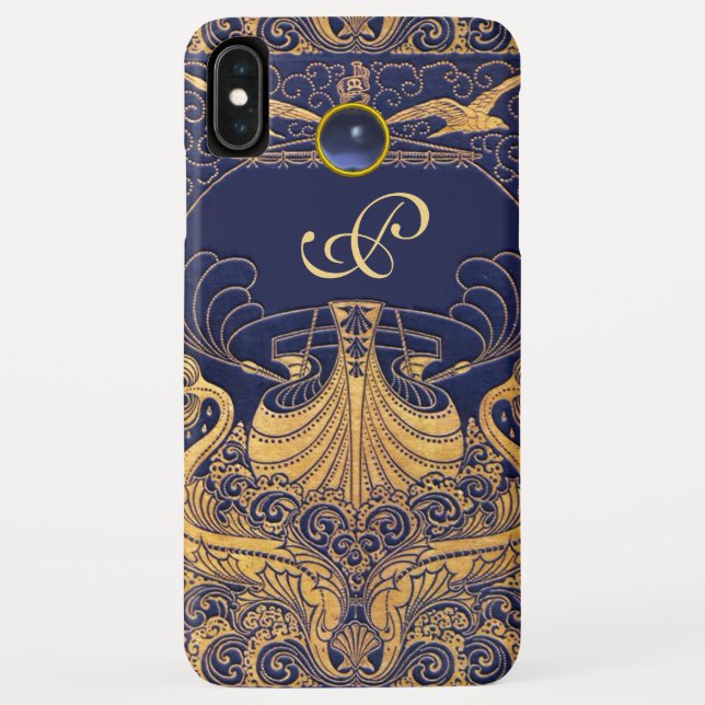 Coques Case-Mate iPhone Vaisseau antique, Dauphins, Or, Monogramme bleu ma (Dos)