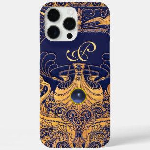 Coque iPhone 16 Pro Max Vaisseau antique, Dauphins, Or, Monogramme bleu ma
