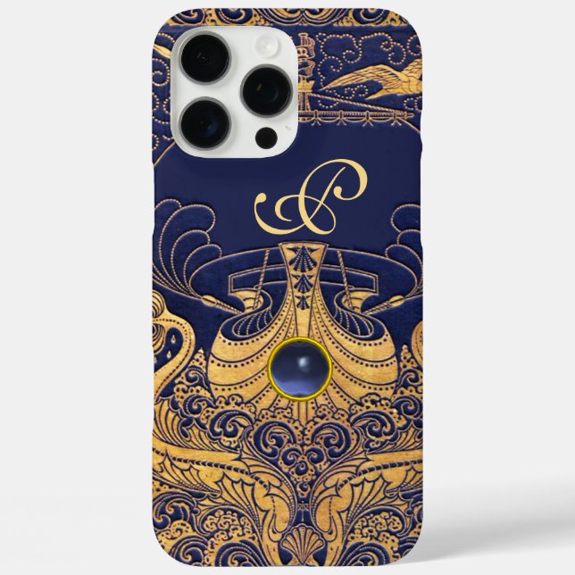 Coques Case-Mate iPhone Vaisseau antique, Dauphins, Or, Monogramme bleu ma (Verso)