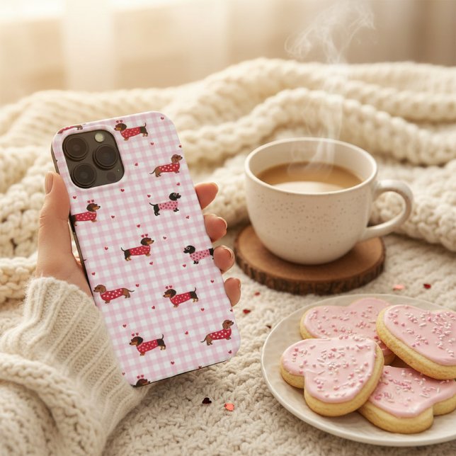 Coques Case-Mate iPhone Valentin Teckel Mignon Gingham Rose Cœur Chien (Créateur téléchargé)