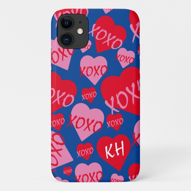 Coques Case-Mate iPhone Valentine XOXO Coeur rose Motif bleu Nom (Dos)