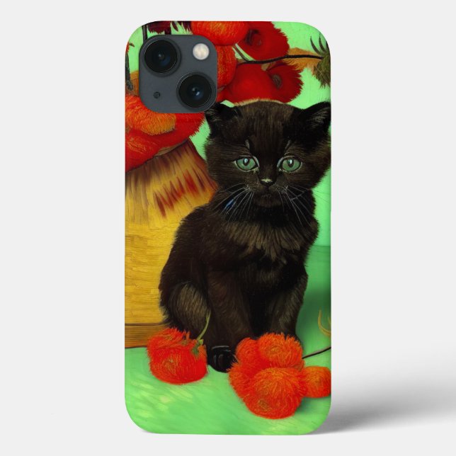 Coques Case-Mate iPhone Van Gogh Black Kitten Fleurs rouges (Verso)