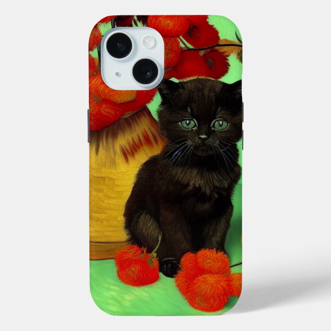 Coques Case-Mate iPhone Van Gogh Black Kitten Fleurs rouges (Verso)