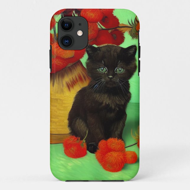 Coques Case-Mate iPhone Van Gogh Black Kitten Fleurs rouges (Dos)