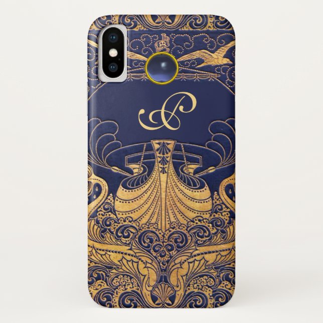 Coques Case-Mate iPhone Vase Antique,Dauphins,Or,Monogramme Bleu Marine (Dos)