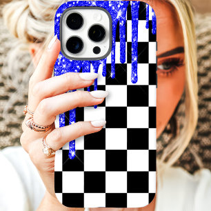 Coque iPhone 16 Pro Max Vérificateur de gouttes en damier pailleté bleu