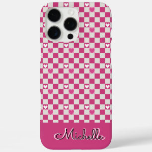 Coque iPhone 16 Pro Max Vérificateurs et coeurs roses