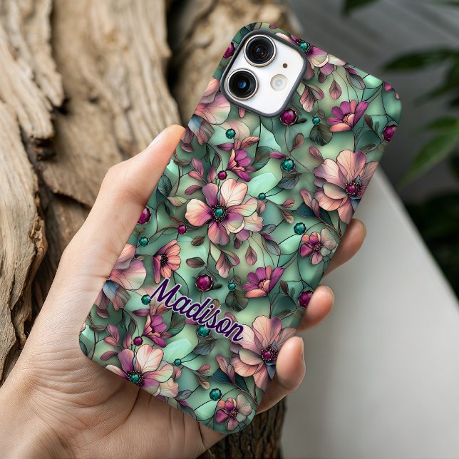 Coques Case-Mate iPhone Verre teinté floral violet menthe (Créateur téléchargé)
