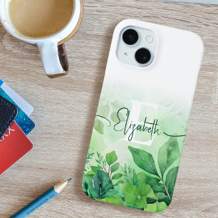 Coque Case-Mate iPhone Vert aquarelle feuille élégant Script Monogramme