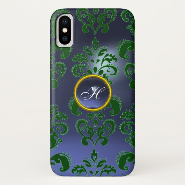 Coques Case-Mate iPhone VERT BLEU DAMASK MONOGRAMME EN PIERRE DE GEMME Flo (Dos)