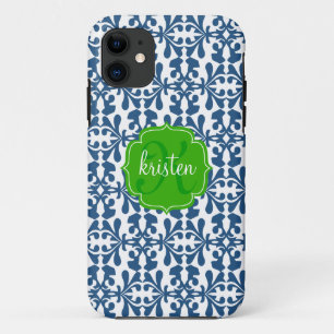 Coque Case-Mate Pour iPhone Vert bleu moderne de damassé d'arabesque