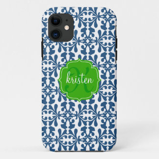 Coque Case-Mate Pour iPhone Vert bleu moderne de damassé d'arabesque