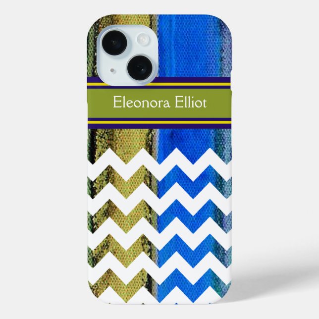 Coques Case-Mate iPhone vert bleu Monogramme Chevron Stripes (Verso)
