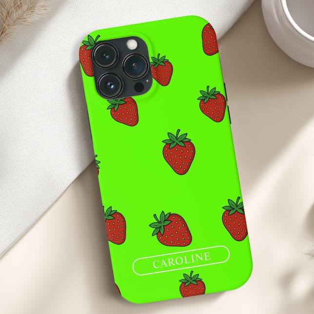 Coques Case-Mate iPhone Vert fraise personnalisé (Custom Strawberry Case-Mate Green iPhone Case with your Name or Text)