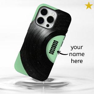 Coque iPhone 16 Pro Vert Menthe Disque Vinyle Rétro Nom Personnalisé