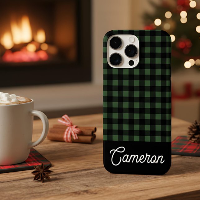 Coques Case-Mate iPhone Vert & Noir Buffalo Plaid Nom Personnalisé (Créateur téléchargé)