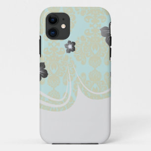 Coque iPhone 11 vert olive et aqua damas de fleur