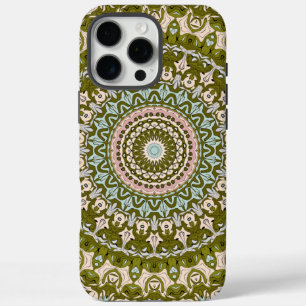Coque iPhone 16 Pro Max Vert olive et motif mandala pastel