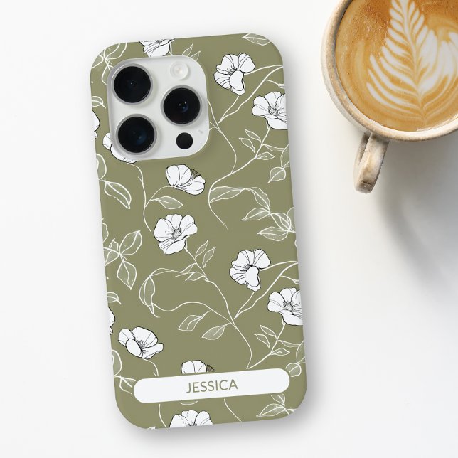 Coques Case-Mate iPhone Vert olive Fleur Simple Floral Moderne Nom (Olive Green Floral Simple Flower Modern Name Case-Mate iPhone Case)