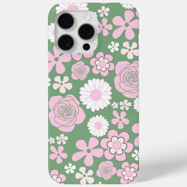 Coques Case-Mate iPhone Vert rose blanc rétro Y2K les années 70 Fleur Moti (Verso)