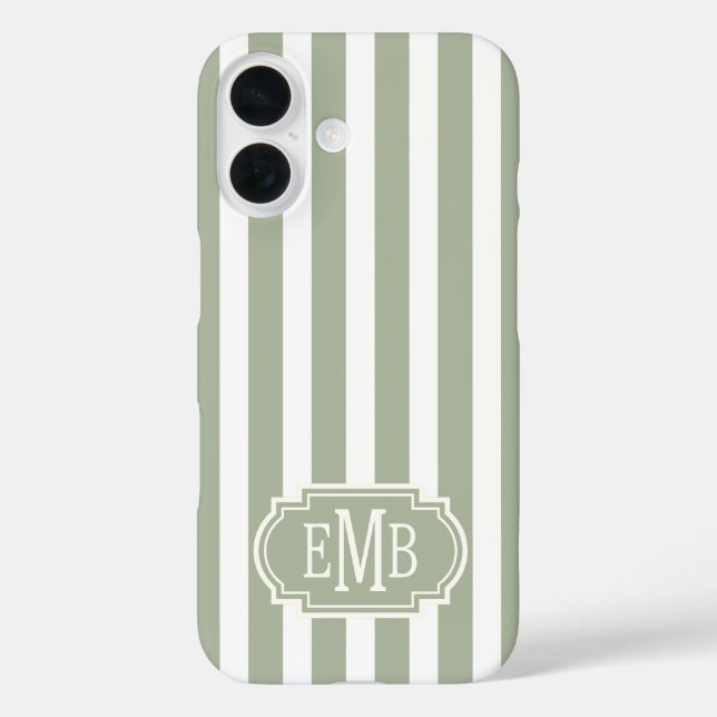 Coques Case-Mate iPhone Vert sauge et rayures monogrammées blanches (Verso)