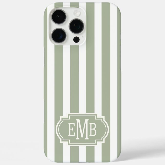 Coques Case-Mate iPhone Vert sauge et rayures monogrammées blanches (Verso)