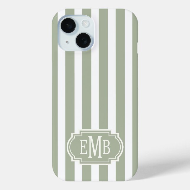 Coques Case-Mate iPhone Vert sauge et rayures monogrammées blanches (Verso)