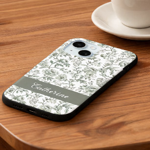 Coque Case-Mate iPhone Vert sauge floral toile vintage monogramme