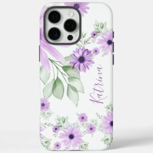 Coque iPhone 16 Pro Max Vert violet personnalisé, Fleurs aquarelles