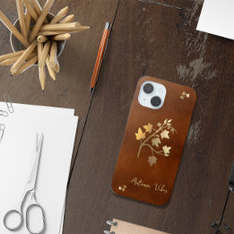 Coque Case-Mate iPhone Vibes d'automne branche de vigne dorée cuir marron