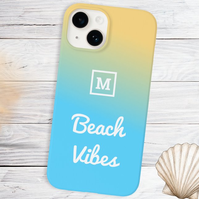 Coques Case-Mate iPhone Vibes de plage moderne bleu jaune Ombre Monogramme (A beach themed phone case with yellow and blue ombre design, personalized with a monogram initial)
