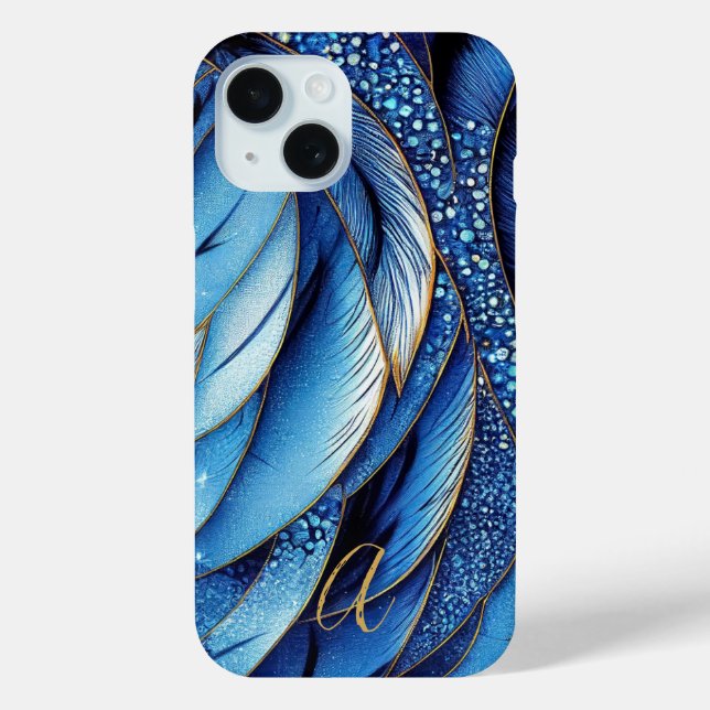 Coques Case-Mate iPhone Vibrant Sapphire Bleu Plumes d'or Monogrammé (Verso)