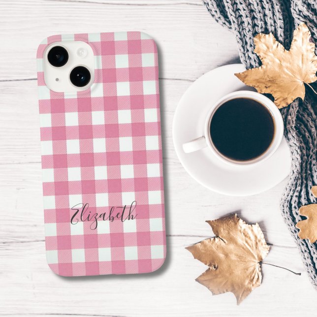 Coques Case-Mate iPhone Vichy rose blanc à carreaux plaid Buffalo (Pink White Gingham Plaid Monogrammed Name iPhone case)