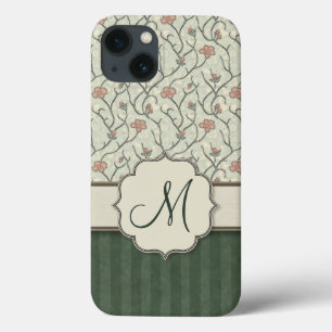 Coques Pour iPhone Vignes florales, rayures et monogramme d'aquarelle
