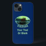 Coques Pour iPhone Viking Navire Et Lumières Du Nord<br><div class="desc">Une image légèrement stylisée d'un longship viking naviguant la nuit sous les aurores boréales là-bas quelques icebergs ; la plupart de l'équipage est endormi. Le texte "VIKINGAR" (Vikings) apparaît également. Ajoutez votre propre texte supplémentaire.</div>